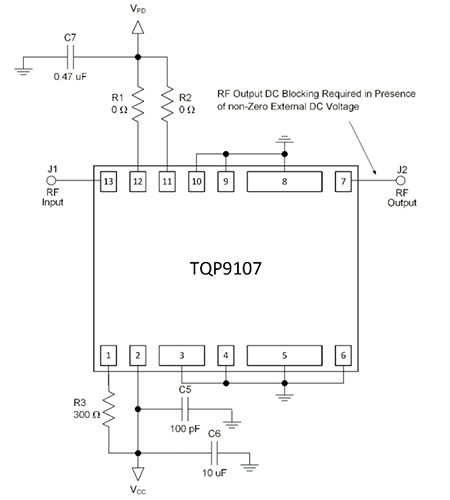 应用电路图 - Qorvo TQP9107 600 MHz至960 MHz两级功率放大器